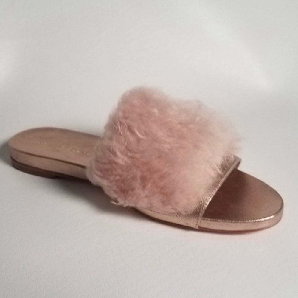 Loeffler Randall Domino Slides Metallic Rose Gold Faux Fur Mob Wife Chic 5